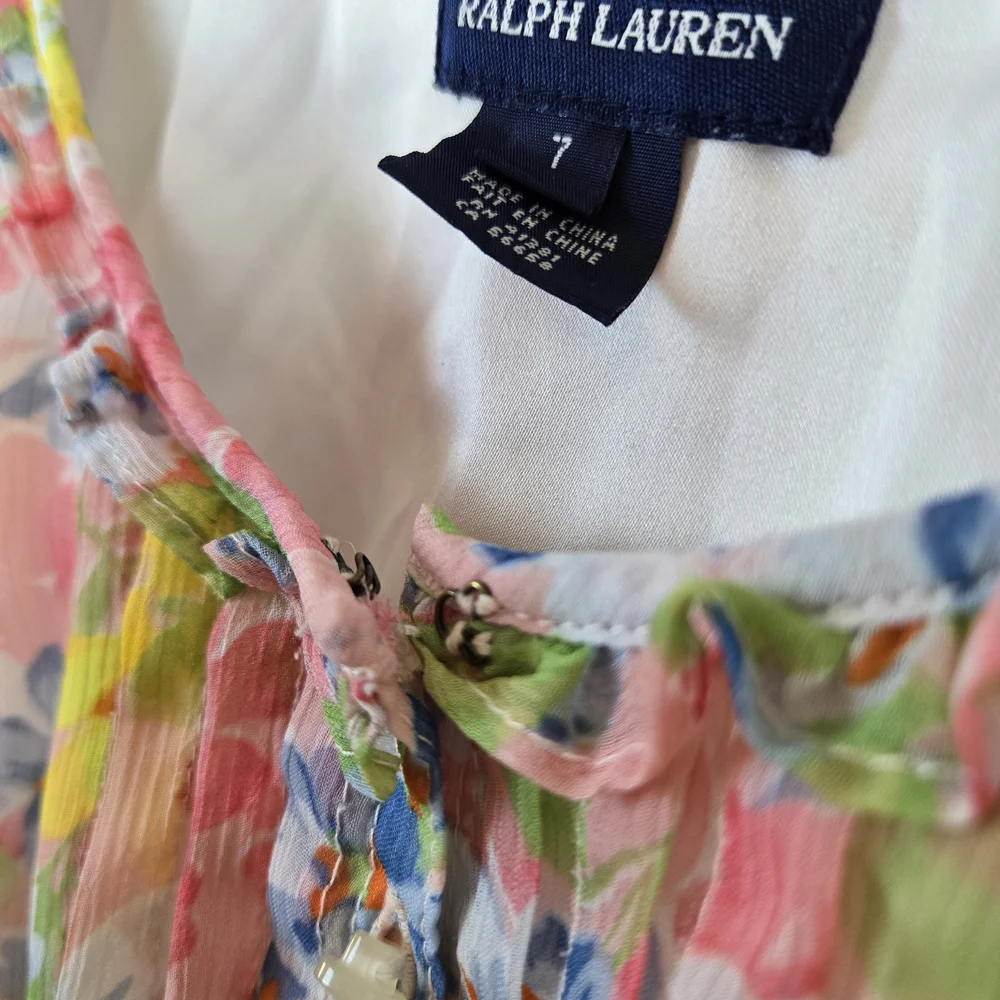 Ralph Lauren Girls Pink Yellow Floral Short Sleeve Ruffled Chiffon Dress Sz 7‎